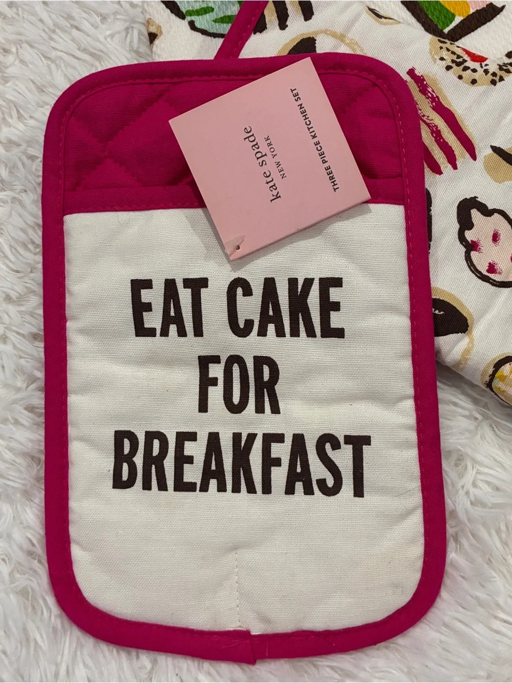 Kate Spade Eat Cake For Breakfast 3 Piece Set Towel, Oven Mitt, Pot Holder NWT
